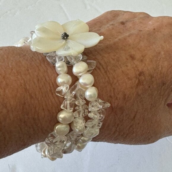 Flower Gen Mother Of Pearl Quartz White Sterling Triple Strand Vintage Bracelet - Picture 8 of 9
